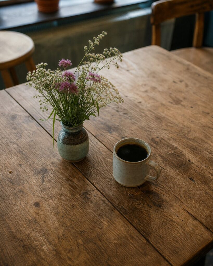 Vue plongeante sur une tasse sombre et un bouquet