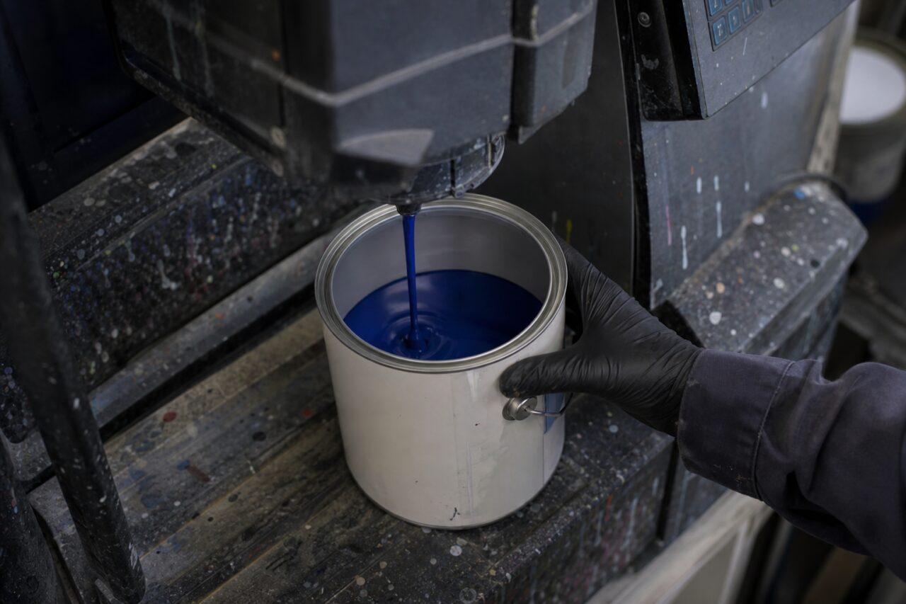 Vue plongeante sur la teinte bleue dans le pot