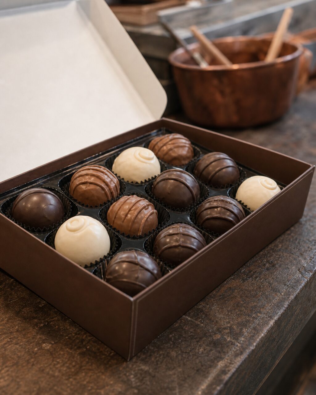 Close view of a box of round pralines