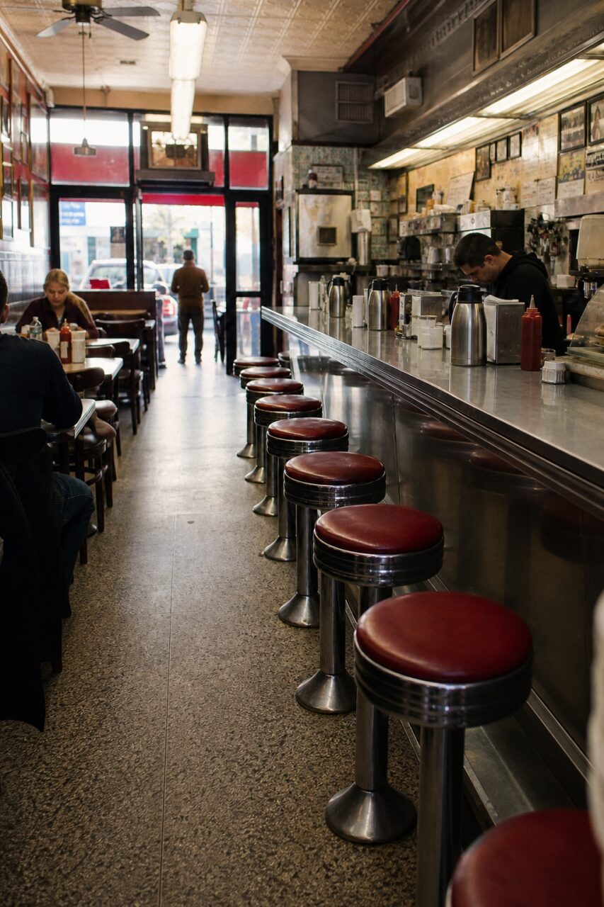 Vertical view of the aisle, red stools and patterned ceiling