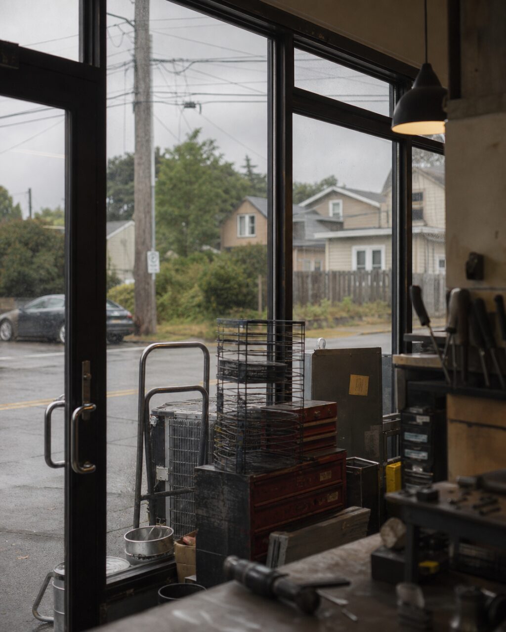 Verticale blik in een HVAC-werkplaats in Portland door de glazen deur