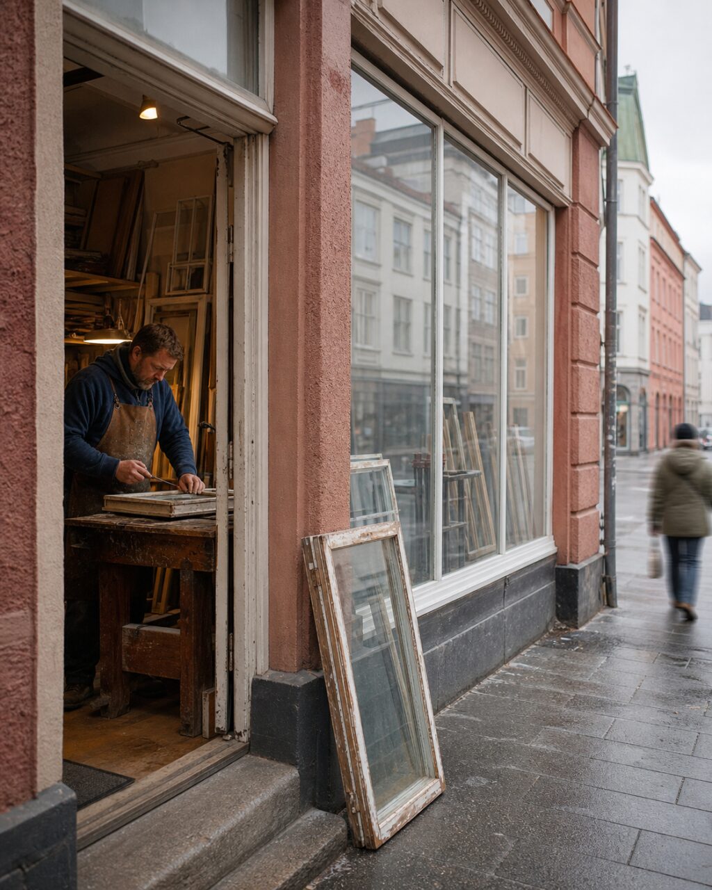 Vertical view of a window restoration workshop opening onto an Oslo street