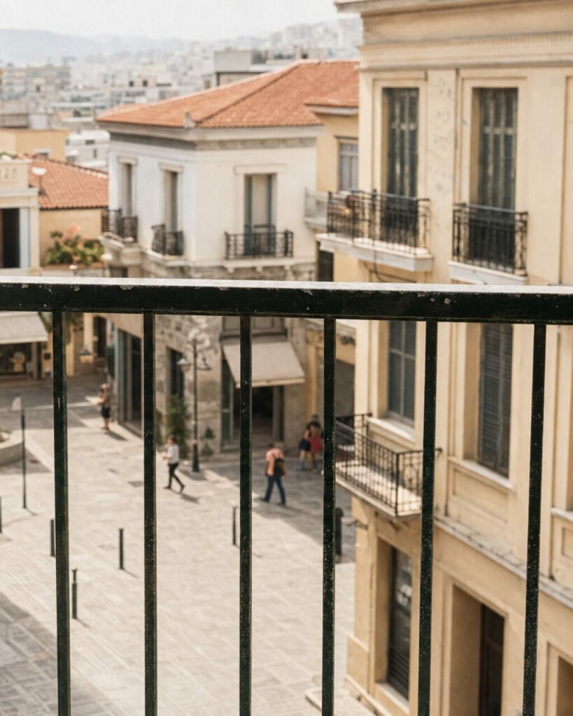 Vertical view of black balconies and a pedestrian street