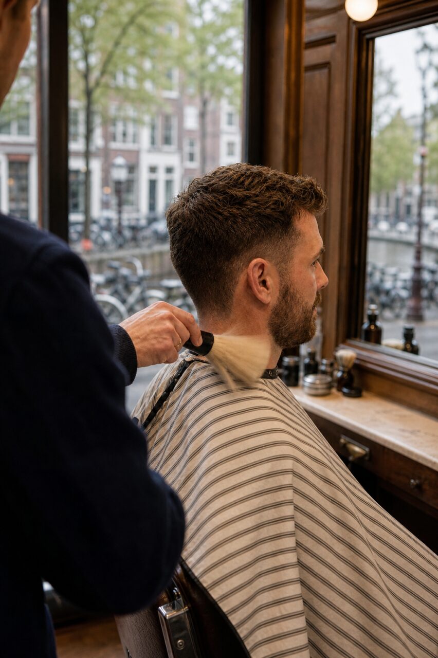 Vista vertical de un barbero cepillando la nuca de un cliente con capa de rayas