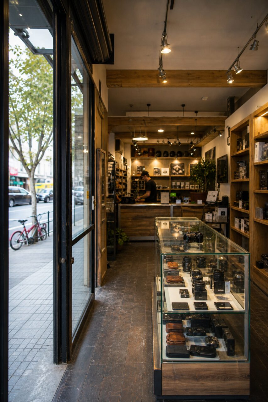 Vue verticale d’une boutique photo depuis l’entrée, entre vitrine et rue