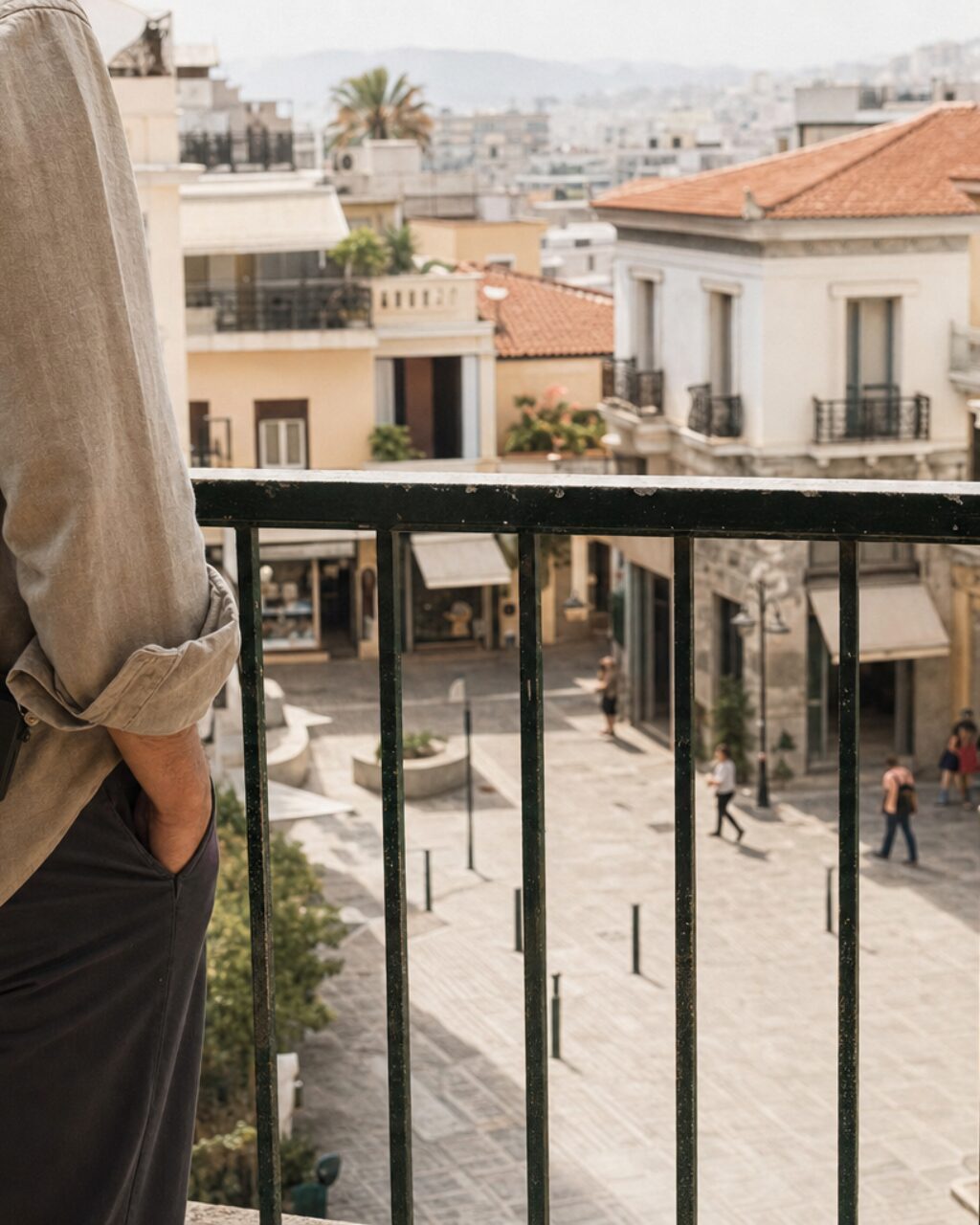 Vista verticale tra camicia beige e facciate dai tetti rossi