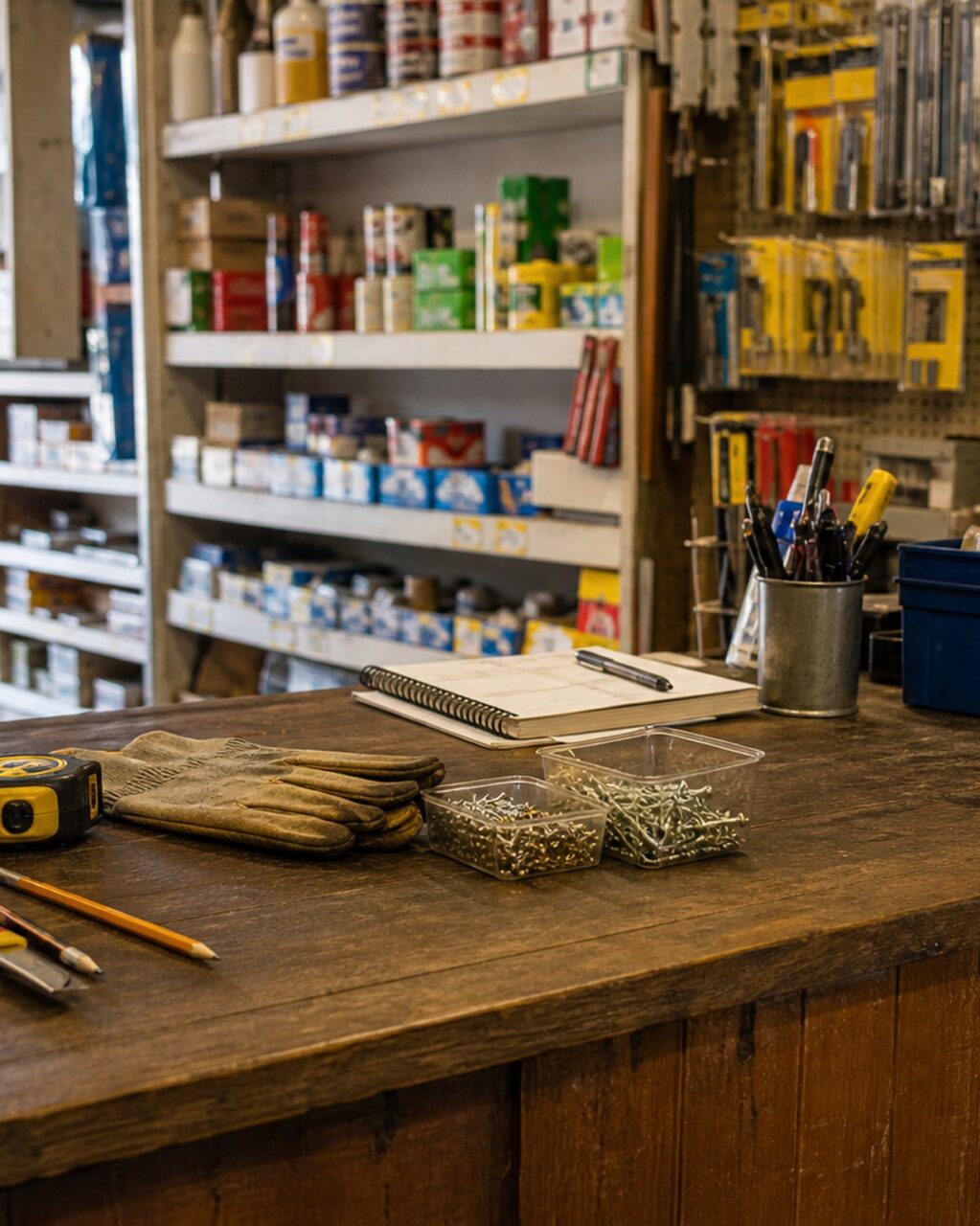 Vertikale Ansicht des Baumarkt-Tresens mit Notizbuch, Handschuhen und Schraubenboxen
