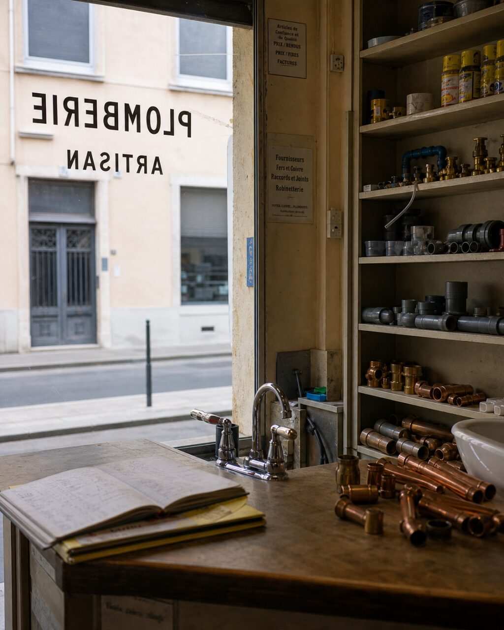 Hochformat mit Theke und Schaufenster eines handwerklichen Klempnerladens in Lyon