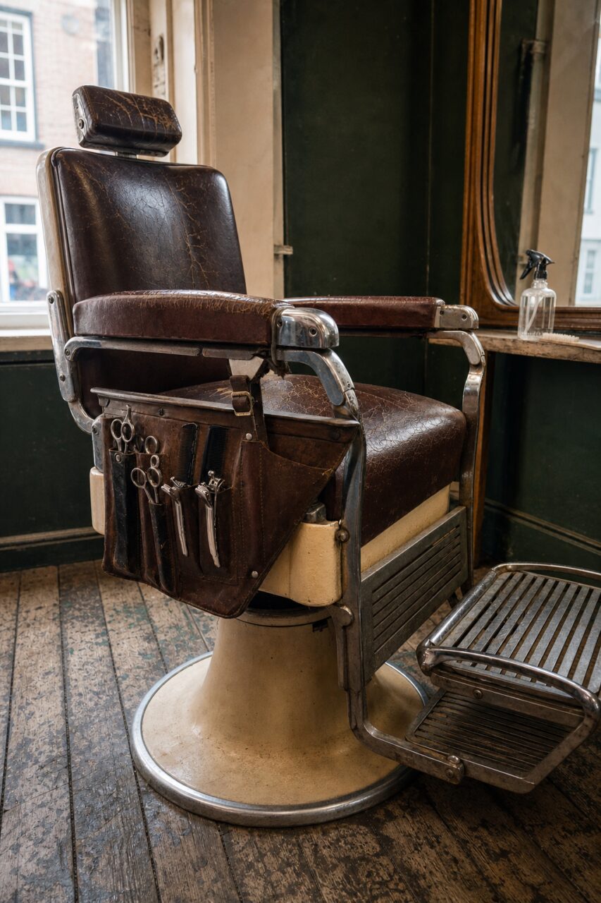 Vue verticale d’un fauteuil de barbier brun avec repose-tête et repose-pieds