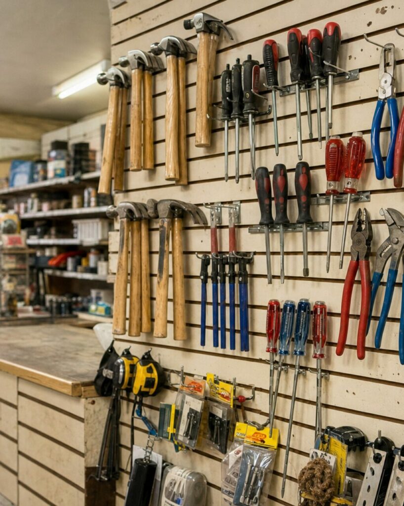 Vertikale Ansicht der Handwerkzeugwand über einem Baumarkt-Tresen