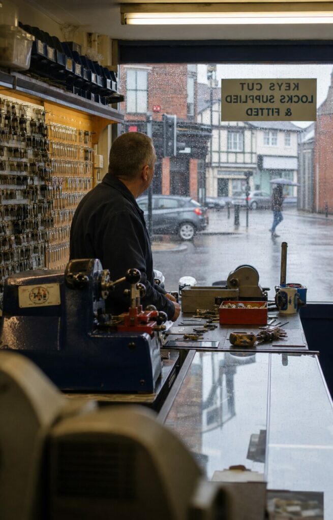 Vue verticale d’un serrurier devant sa vitrine sous la pluie à Manchester