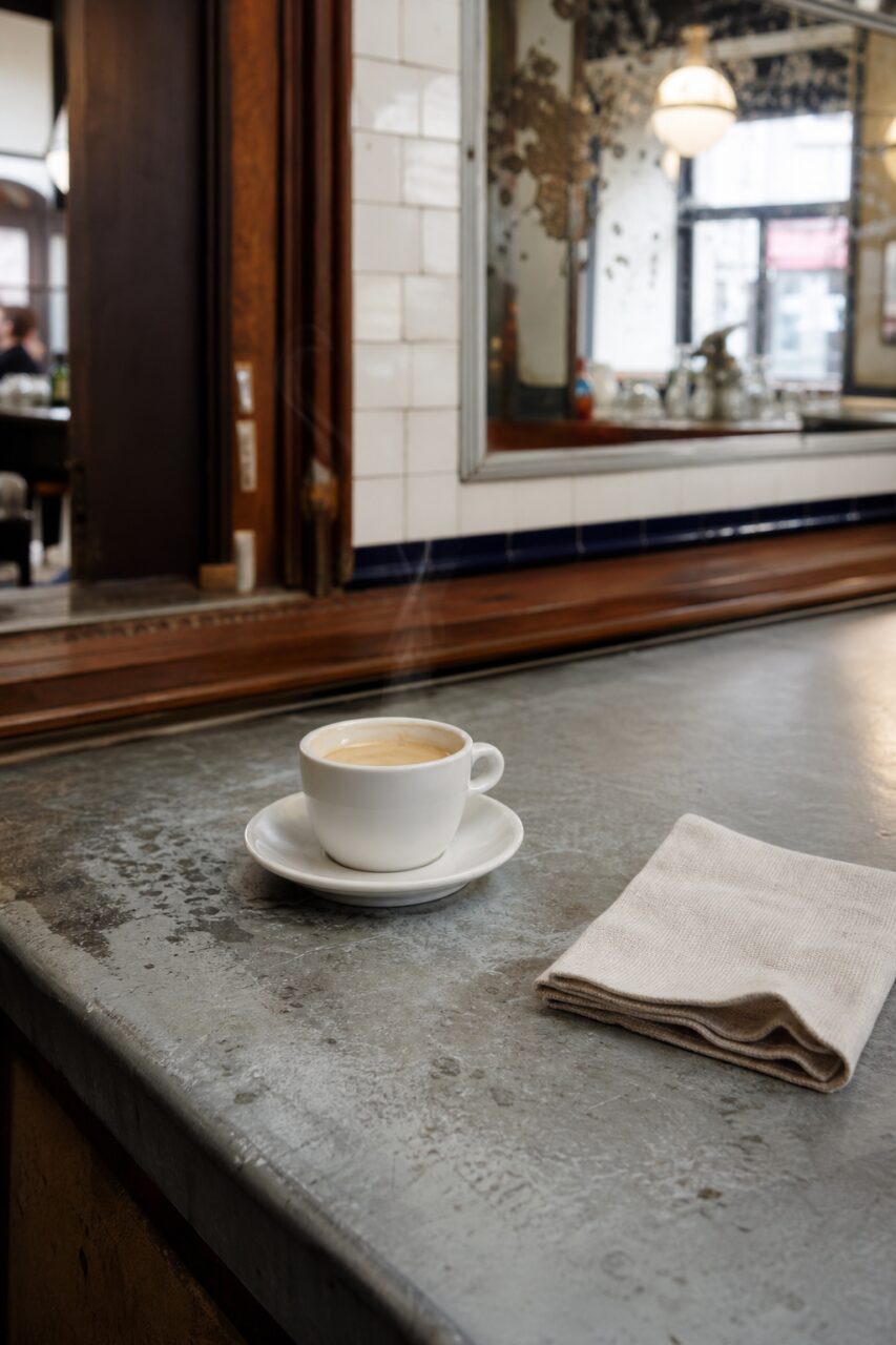 Vertikale Ansicht einer Kaffeetasse auf der Zinktheke mit Serviette