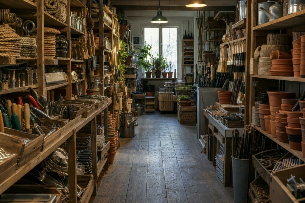 Allée boisée d’une quincaillerie-jardinerie indépendante — fournitures pour la maison et le jardin